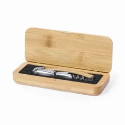 A corkscrew in a bamboo box, featuring a metallic handle and a wooden lever.