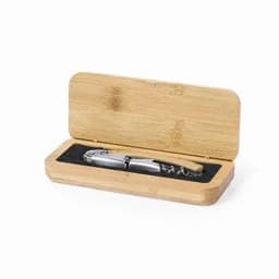 A corkscrew with a wooden handle, displayed inside a bamboo box with a black interior.
