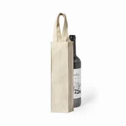 A drink bottle in a beige fabric bag with two handles, featuring a logo and a design on the bottle.
