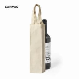 A drink bottle in a beige canvas wine carrier with two handles. The bottle features a label with artwork.