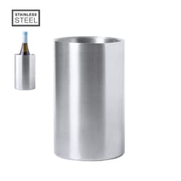 A stainless steel wine cooler with a sleek cylindrical design, featuring a polished silver finish.