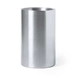 A drink bottle in a sleek, shiny silver stainless steel design with a cylindrical shape and no visible branding.