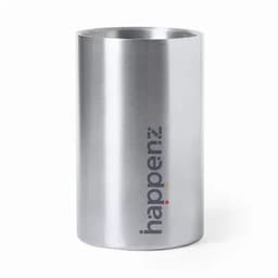 A stainless steel drink bottle with a sleek, cylindrical design and a logo on the side.