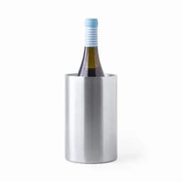 A drink bottle with a blue cap sits inside a sleek, silver stainless steel holder.