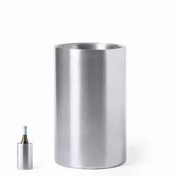 A metallic drink bottle cooler with a sleek, brushed finish, accompanied by a smaller bottle inside.