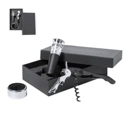 A black gift box containing a corkscrew, wine pourer, and bottle stopper, all in silver and black.