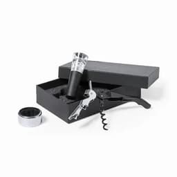 A wine accessory set in a black box, containing a corkscrew, wine pourer, and foil cutter.