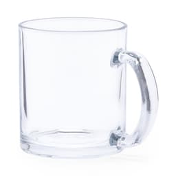 A clear glass mug with a transparent handle, featuring a simple and modern design.