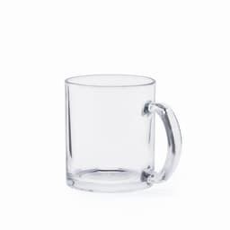 A clear glass mug with a transparent handle, featuring a simple and elegant design.
