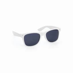 A pair of white sunglasses with dark lenses, featuring a simple design and a logo on the side.