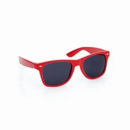 Red sunglasses with dark lenses and a stylish frame; features a logo on the side.
