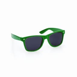 Green sunglasses with dark lenses and a classic frame design, featuring a logo on the side.