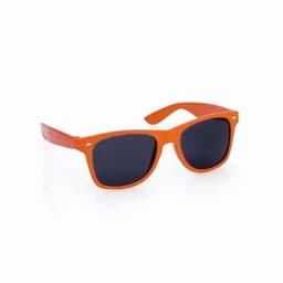 Orange sunglasses with dark lenses and matching orange arms, featuring a logo on the side.