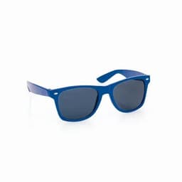 A pair of blue sunglasses with dark lenses and a classic design, featuring a branding logo.