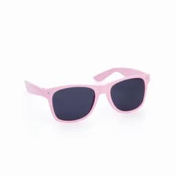 A pair of pink sunglasses with dark lenses, featuring a classic square frame design.