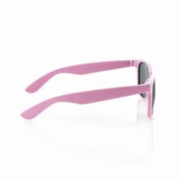 A pair of pink sunglasses with a sleek design and dark lenses, featuring branded arms.