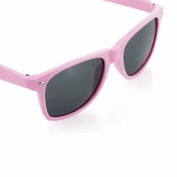 A pair of pink sunglasses with dark lenses and a classic design.