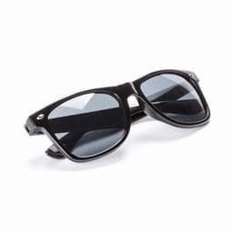 A pair of black sunglasses with dark lenses resting on a flat surface. The glasses have a sleek design.