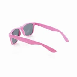 A pair of pink sunglasses with dark lenses and a classic frame design.