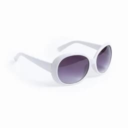 A pair of white sunglasses with large lenses that have a gradient tint from dark purple to light.