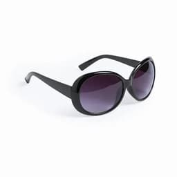 A pair of black sunglasses with large, oval frames and gradient purple lenses.