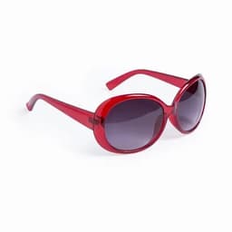 A pair of red sunglasses with oversized lenses and a sleek design. The frames are glossy and stylish.
