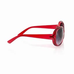 A pair of red sunglasses with rounded frames and dark lenses, featuring slim red arms.