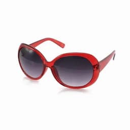 A pair of red sunglasses with gradient lenses, featuring a glossy finish and a bold design.