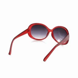 A pair of red sunglasses with dark lenses and curved frames. Features a logo on one arm.