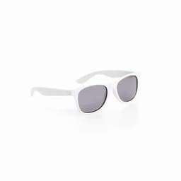 A pair of white sunglasses with grey lenses, featuring a sleek design. The glasses have a logo on the arm.