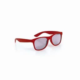 Red sunglasses with grey lenses and a sleek design, featuring curved arms and a solid frame.