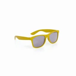 A pair of yellow sunglasses with grey lenses and a modern design. 