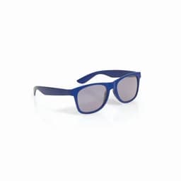 A pair of blue sunglasses with grey lenses, featuring a sleek, modern design and a logo on the arm.