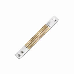 A silver bracelet featuring rows of golden rhinestones. It has two snap closures on one end.