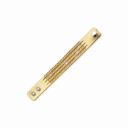 A gold bracelet with multiple rows of small sparkling stones, featuring a simple design and metal fasteners.