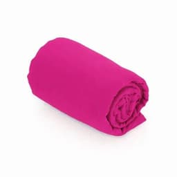 A rolled-up towel in a vibrant pink colour, featuring a soft texture. It has a simple design without any logos.