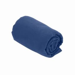 A rolled navy blue blanket made from soft fabric, featuring a simple design. It has a smooth texture and is compact.