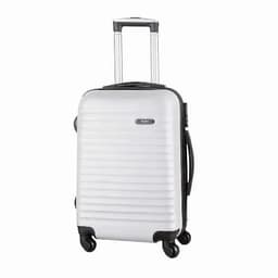 A suitcase in silver with a sleek, textured design and retractable handle, featuring smooth rolling wheels.