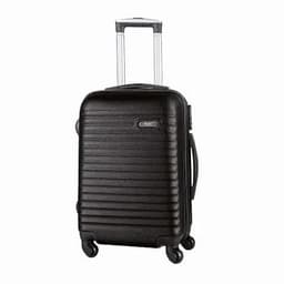 A suitcase in black with a textured surface, featuring a retractable handle and wheels for easy transportation.