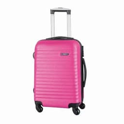 A pink hard-shell suitcase with a telescopic handle and four wheels for easy manoeuvrability.