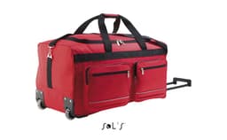 A large red travel bag with casters, a carry handle, and two front zippered pockets. Includes branding.