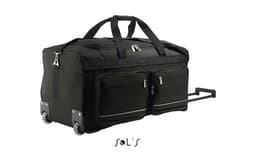 A large black travel bag with casters and a carry handle, featuring two front zippered pockets and a logo.