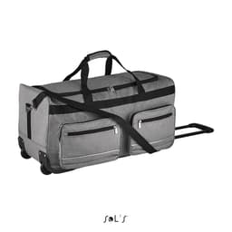 A large grey travel bag with casters and a carry handle, featuring two front pockets and a logo.