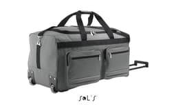 A large grey travel bag with casters, a carry handle, and two front pockets. It features a logo on the side.