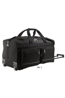 A large black travel bag with casters and a carry handle, featuring two zippered front pockets and a logo.