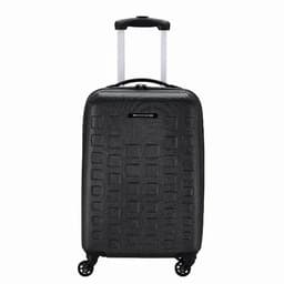 A black suitcase with a textured surface, featuring a retractable handle and four wheels for mobility.