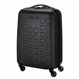 A black suitcase with a textured surface and four wheels, featuring a handle and a logo.