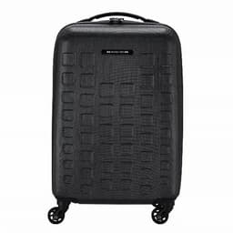 A black suitcase with a textured surface and a logo, featuring four wheels for easy mobility.