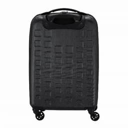A black suitcase with a textured pattern and four wheels for easy mobility. It features a retractable handle and branding.