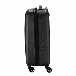 A black suitcase with a textured surface, featuring wheels and a zipper closure. It has a sleek design.
